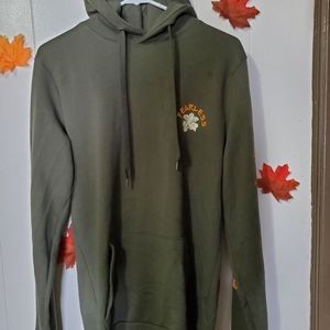 Women's long army green hoodie with Japanese characters and tiger design